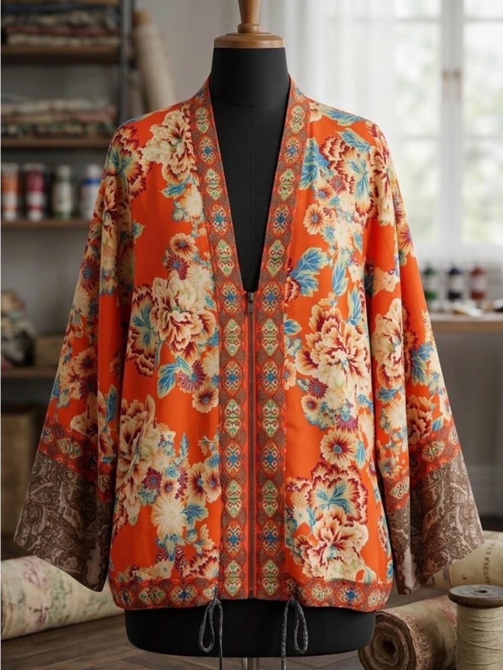 Free People Orange Floral Kimono Jacket with Blue and Cream Accents